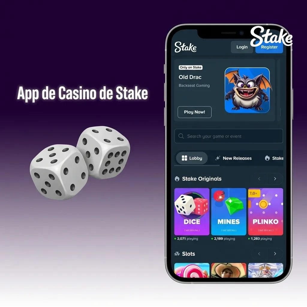 App de Stake mostrando juegos de casino, tragamonedas y mesas en vivo con crupieres reales
