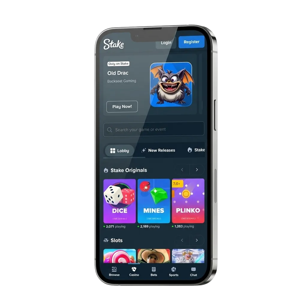 Aplicación móvil de Stake para descargar en Android APK e iOS con apuestas deportivas, casino y criptomonedas