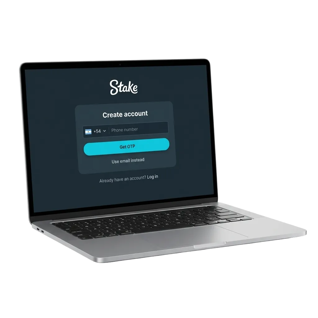 Pantalla de registro en Stake Argentina mostrando opciones de inscripción por teléfono, email o un clic para nuevos usuarios